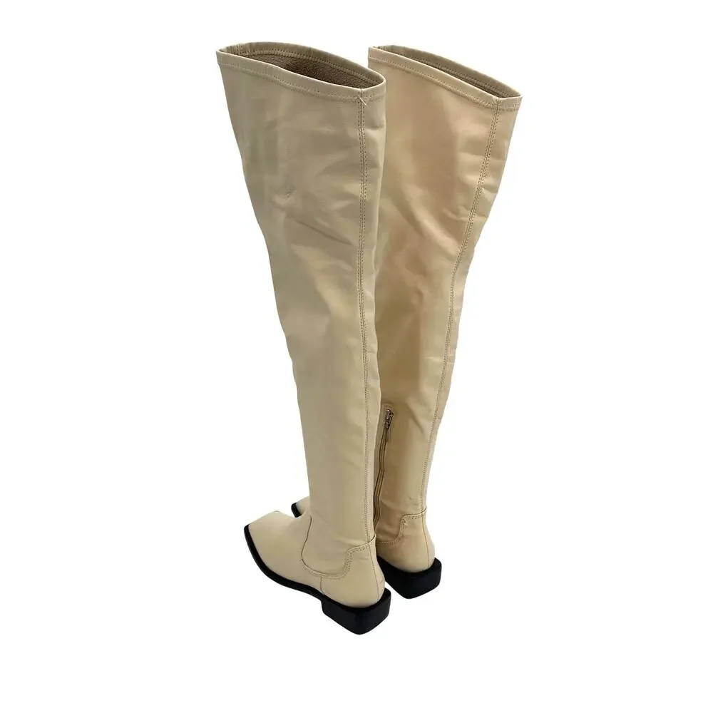 Schutz Guily Up Over The Knee Boots Eggshell Cream Leather‎ Square Toe Women 7.5
